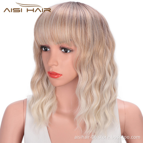 Aisi Hair Ombre Blonde Short Bob Wigs High Temperature Fiber Natural Wave Short Bob Wigs with Neat Bangs for Women
